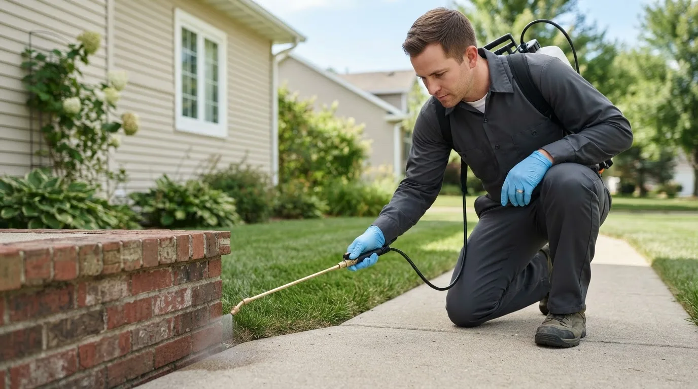 Pest control technician treating a home near Mantua, OH